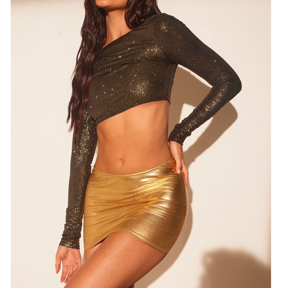 Black Glitter Long Sleeve Tie Back Crop Top